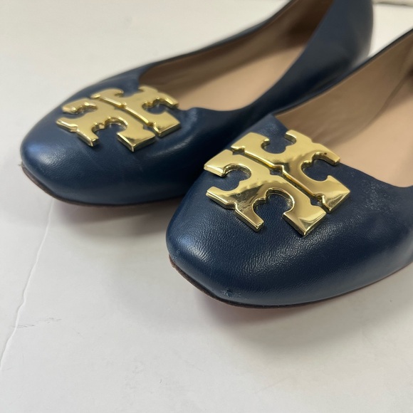 Tory Burch Blue navy leather ballet Flats with Gold logo size 5M - Picture 9 of 10